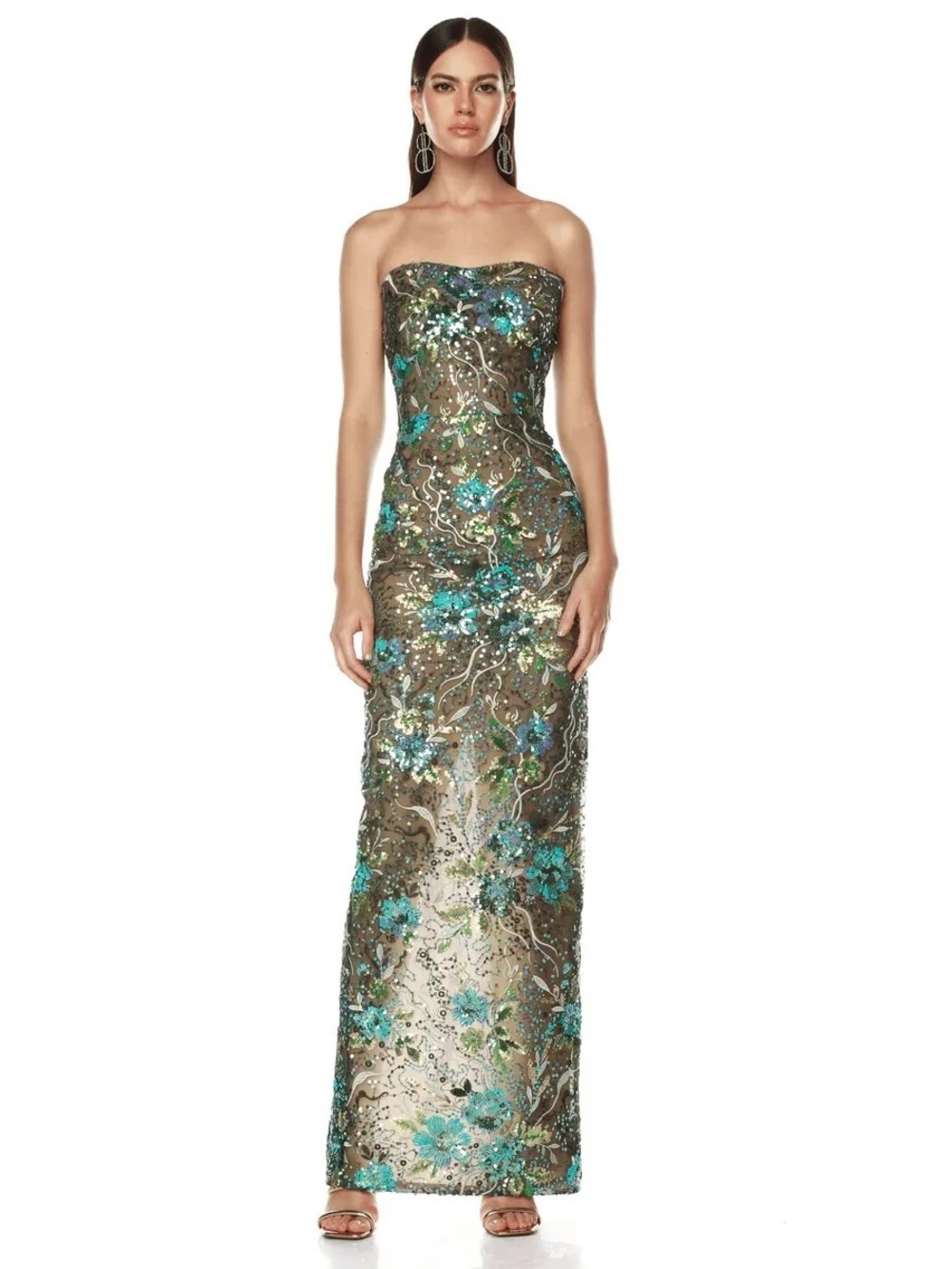 Bronx and Banco NWOT Strapless Sequin Floral Maxi Dress - Teal & Olive Size XS&S - Picture 2 of 12
